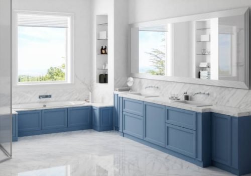 Interior of a contemporary white / blue bathroom with washstand and bathtube.