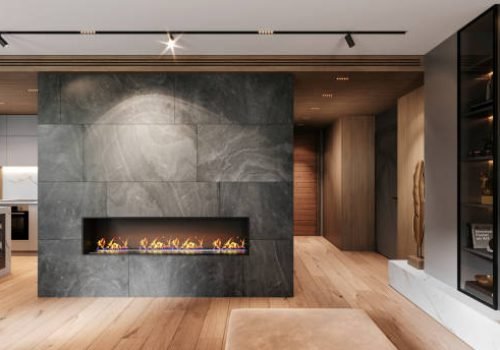 Modern apartment large fireplace on the stone wall. Kitchen with wine refrigerator in the background. Entrance door and hall. Parquet floor, white ceiling. Render