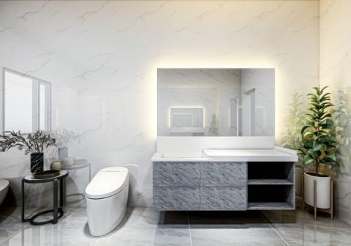 3D rendering, modern residential clean bathroom design, with washbasins, mirrors, toilets, shower equipment and bathtubs